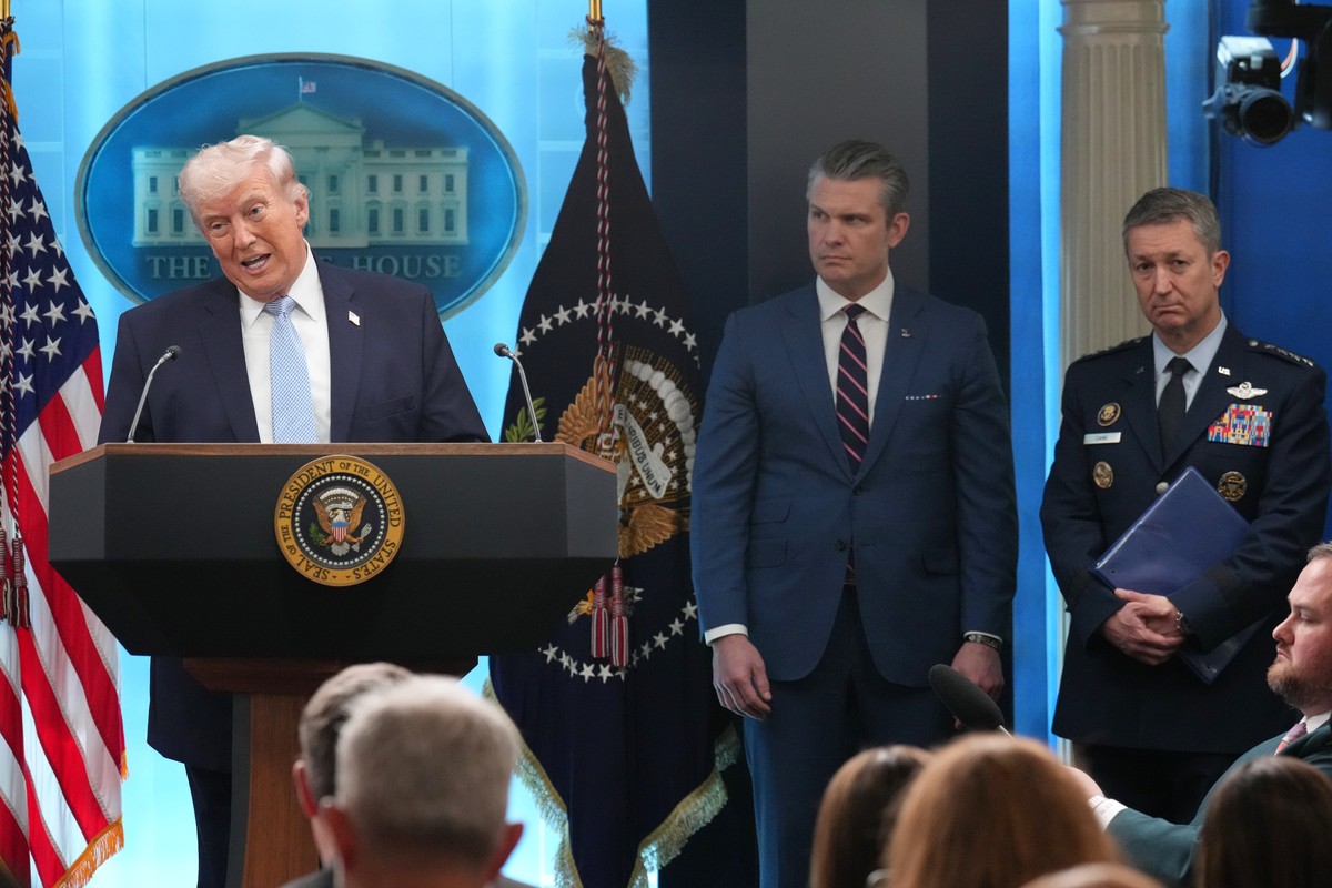 FILE - President Donald Trump speaks with reporters during a news conference in the James Brady Press Briefing Room at the White House, Monday, April 6, 2026, in Washington, as Defense Secretary Pete  ...