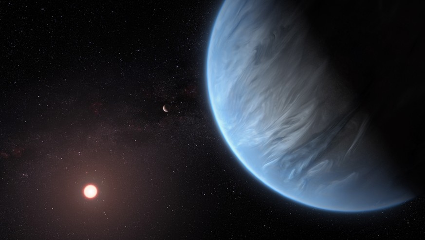 epa07835758 A handout photo made available by the European Space Agency (ESA) on 11 September 2019 shows an artist&#039;s impression of the planet K2-18b, it&#039;s host star and an accompanying plane ...