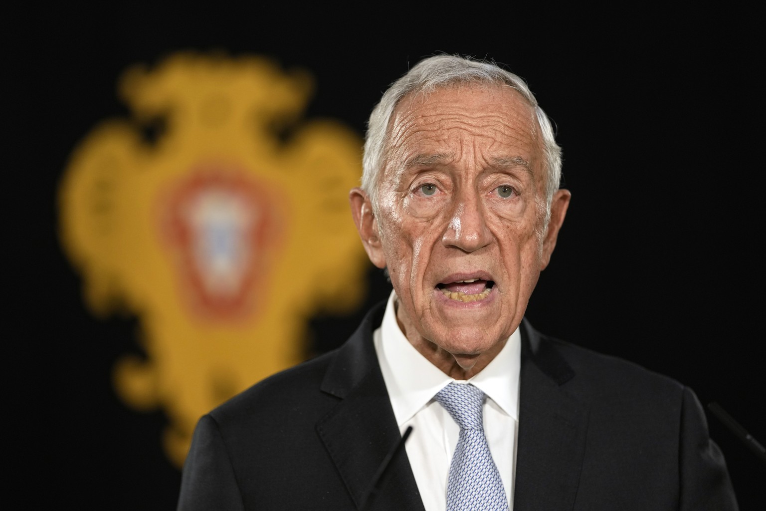 Portuguese President Marcelo Rebelo de Sousa addresses the country after hosting a meeting of the Council of State at the Belem presidential palace in Lisbon, Thursday, Nov. 9, 2023. On Tuesday, Prime ...