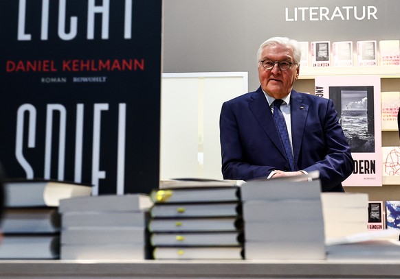 epa11233928 German President Frank-Walter Steinmeier looks on during his official visit of the Leipzig Book Fair, in Leipzig, Germany, 21 March 2024. Around 3,000 exhibitors and 250,000 visitors are e ...