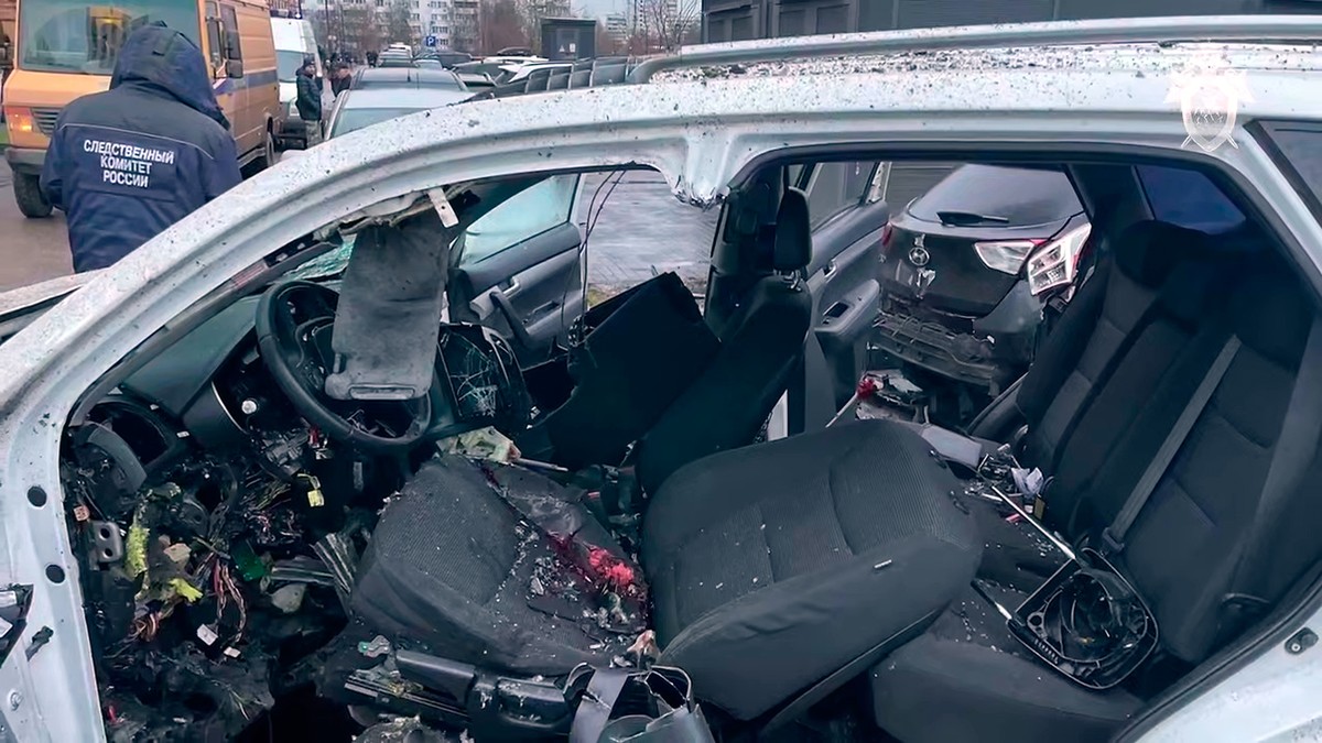 This image taken from video provided by Investigative Committee of Moscow on Monday, Dec. 22, 2025, shows the scene where Lt. Gen. Fanil Sarvarov, head of the Operational Training Directorate of the R ...