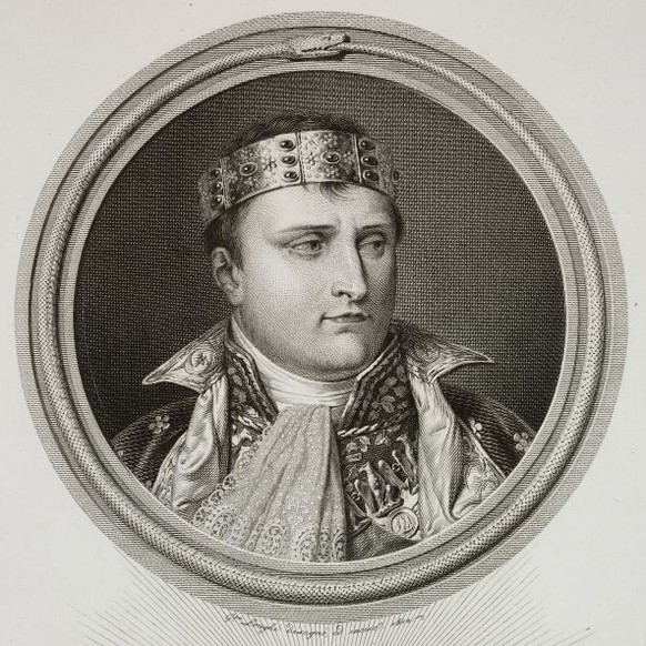 Portrait of Napoleon Bonaparte (1769-1821) with the iron crown of Lombardy, engraving and drawing by Giuseppe Longhi, from Vite e ritratti di illustri Italiani (Lives and portraits of illustrious Ital ...