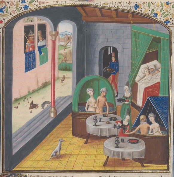 Kombinationen aus Badestube und Bordell waren beliebt. Abbildung aus dem 15. Jahrhundert.
https://gallica.bnf.fr/ark:/12148/btv1b55007803g/f833.item