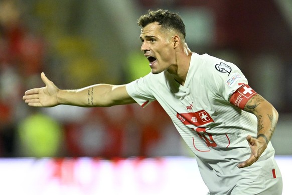 Switzerland&#039;s midfielder Granit Xhaka gestures during the UEFA Euro 2024 qualifying group I soccer match between Kosovo and Switzerland at the stadium Fadil Vokrri, in Pristina, Kosovo, Saturday, ...