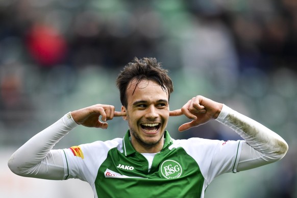 St. Gallens Jeremy Guillemenot bejubelt seinen Treffer zum 1-0, beim Fussball Super-League Spiel zwischen dem FC St. Gallen und dem Neuchatel Xamax FCS, am Sonntag, 3. Maerz 2019, im Kybunpark in St.  ...