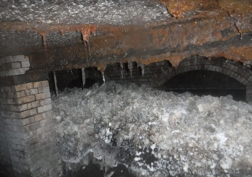 In this photo released Tuesday Jan. 8, 2019, by Britain&#039;s South West Water company, showing part of a &quot;fatberg&quot;, a mass of hardened fat, oil and baby wipes, measuring some 64 meters (21 ...