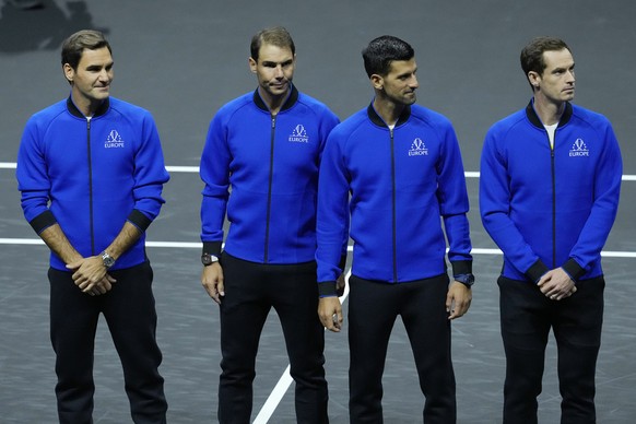 From left, Switzerland's Roger Federer, Spain's Rafael Nadal, Serbia's Novak Djokovic and Britain's Andy Murray attend the opening ceremony of the Laver Cup tennis tournament at the O2 in London, Frid ...