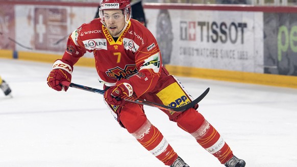 Biels Jarno Kaerki im Eishockey Meisterschaftsspiel der National League zwischen dem EHC Biel und dem SC Bern, am Samstag, 9. Februar 2019, in der Tissot Arena in Biel. (KEYSTONE/Peter Schneider)