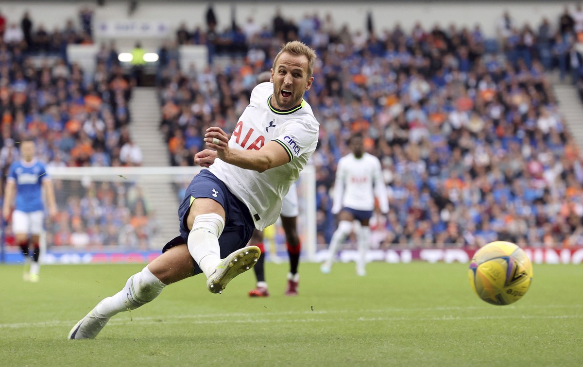Tottenham Hotspur's Harry Kane scores his side's second goal during a pre-season friendly match between Tottenham and Rangers, at Ibrox Stadium, Glasgow, Scotland, Saturday July 23, 2022. (S ...