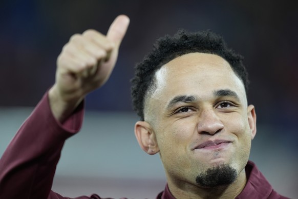 Switzerland's Noah Okafor gestures before a friendly soccer match between Switzerland and Germany at the St. Jakob-Park stadium in Basel, Switzerland, on Friday, March 27, 2026. (KEYSTONE/Claudio ...