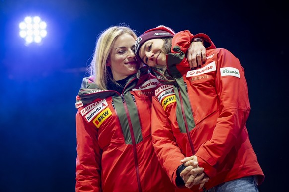 KEYPIX - Silver medalists Lara Gut-Behrami of Switzerland, left, and Wendy Holdener of Switzerland, right, celebrate during the medals ceremony of the Women's Team Combined at the 2025 FIS Alpine ...