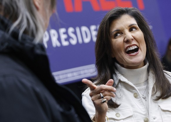 Republican presidential nominee Nikki Haley smiles as she talks to an audience member during a town hall meeting at Legacy Manufacturing in Marion, Iowa, on Tuesday, Feb. 21, 2023. (Jim Slosiarek/The Gazett ...