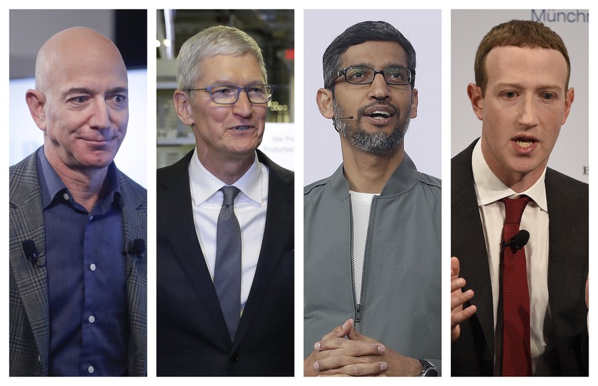 FILE - This file combination of 2019-2020 photos shows Amazon CEO Jeff Bezos, Apple CEO Tim Cook, Google CEO Sundar Pichai and Facebook CEO Mark Zuckerberg.