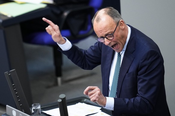 Christian Unions parties floor leader and chancellor candidate, Friedrich Merz speaks during the last parliament session ahead of national&#039;s elections, at the Bundestag parliament in Berlin, Germ ...