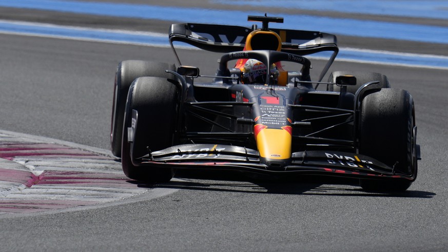 Red Bull driver Max Verstappen of the Netherlands steers his car during the French Formula One Grand Prix at Paul Ricard racetrack in Le Castellet, southern France, Sunday, July 24, 2022. (AP Photo/Ma ...