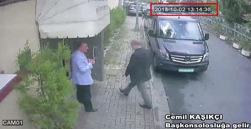 FILE - In this Oct. 2, 2018file image taken from CCTV video obtained by the Turkish newspaper Hurriyet, shows Saudi journalist Jamal Khashoggi entering the Saudi consulate in Istanbul. Saudi Crown Pri ...