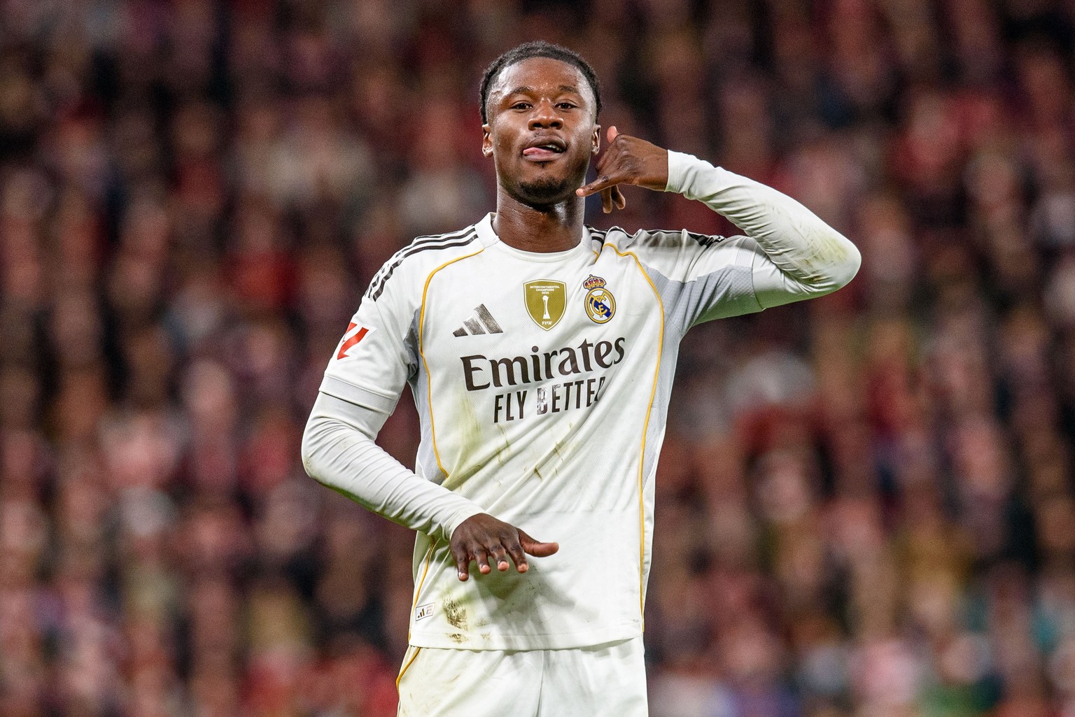 epa12567590 Real Madrid's Eduardo Camavinga celebrates after scoring the 0-2 goal during the Spanish LaLiga soccer match between Athletic Club and Real Madrid, in Bilbao, Spain, 03 December 2025. ...