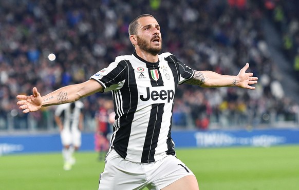 FILE - In this Sunday, April 23, 2017 filer, Juventus&#039; Leonardo Bonucci celebrates after scoring a goal during the Serie A soccer match between Juventus and Genoa at the Juventus stadium in Turin ...