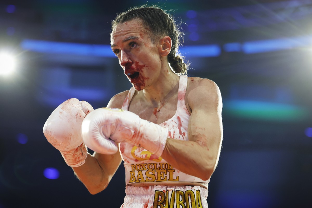 Gabriela Timar of Switzerland in action during her during a WBO world championship atomweight fight against Marina Loreto of Japan, at the Boxing Day meeting in Bern, Switzerland, Friday, December 26, ...