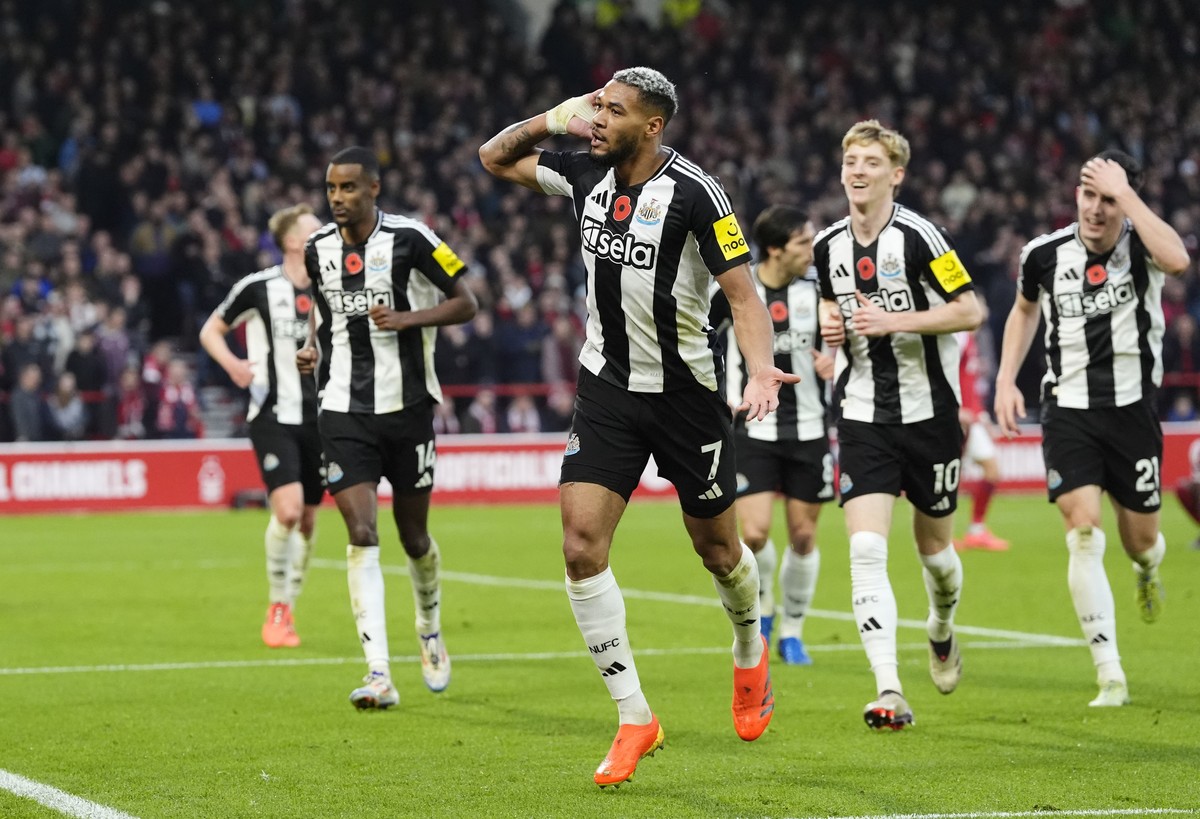 Newcastle United's Joelinton celebrates scoring their side's second goal of the game during the Premier League match between Nottingham Forest and Newcastle United, at the City Ground stadiu ...