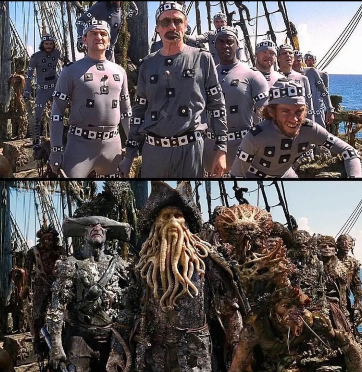 Before/after visual effects from Pirates of the caribbeans Dead man's chest (2006)

https://imgur.com/t/behind_the_scenes/gpgupzb