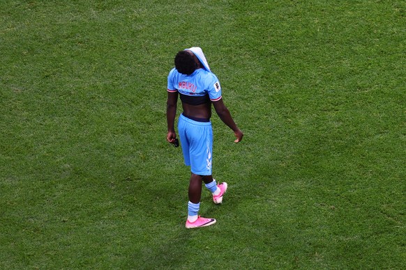 Congo's Nathanael Mbuku (7) reacts during the World Cup round of 32 soccer match between England and Congo in Atlanta, Wednesday, July 1, 2026. (AP Photo/Colin Hubbard)
Congo England WCup Soccer