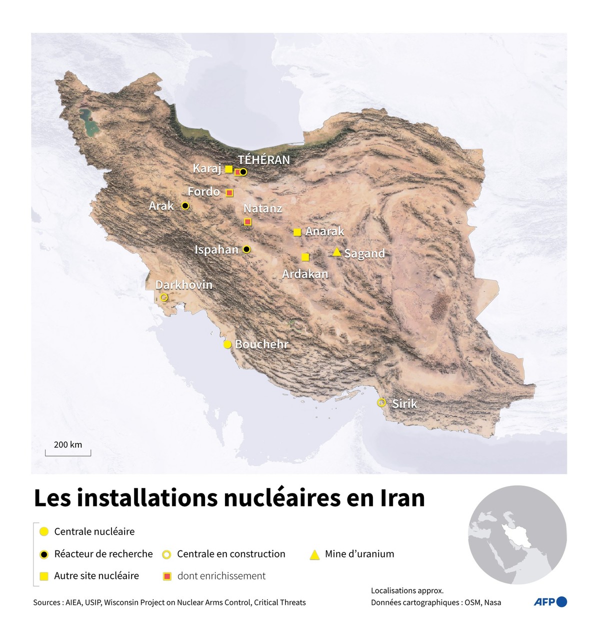 Carte de l'Iran montrant les sites nucl�aires, r�acteurs et mines d'uranium (Photo by AFP)