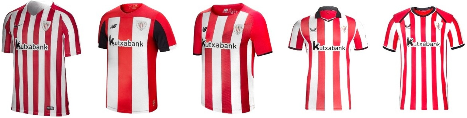 Einige Heimtrikots von Athletic Bilbao in den vergangenen Jahren, ganz rechts Saison 2026/27