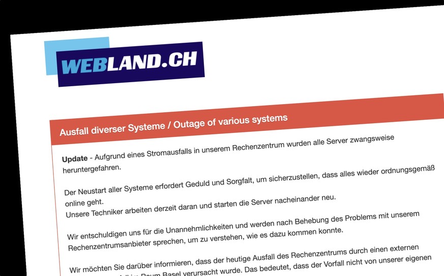 Screenshot der Webland-Status-Webseite, wo über den Stromausfall vom 10. Dezember 2025 informiert wird.