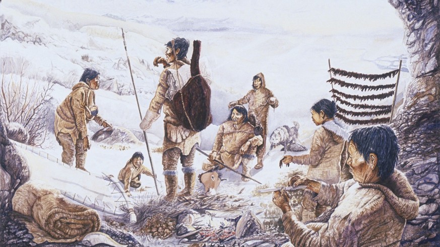 Künstlerische Darstellung der Menschen, die über die Landbrücke von Beringia nach Amerika wanderten.&nbsp;