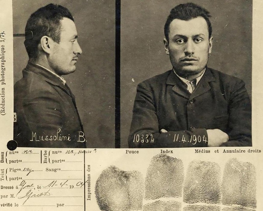 Genfer Polizeibild des 21-Jährigen Benito Mussolini, 1904.