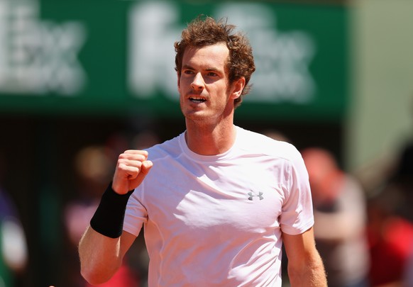 PARIS, FRANCE - JUNE 06: Andy Murray of Great Britain celebrates a point in his Men's Semi Final match against Novak Djokovic of Serbia on day fourteen of the 2015 French Open at Roland Garros on ...