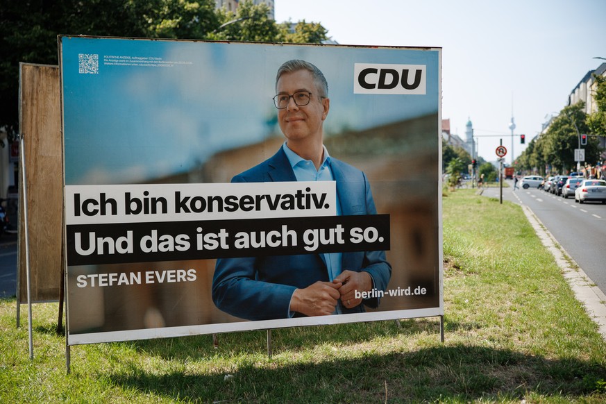 epa13148575 A campaign poster of the Christian Democratic Union (CDU) that shows top candidate for the upcoming House of Representatives election Stefan Evers and reads 'I am conservative. And th ...