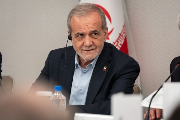 FILE - President of Iran Masoud Pezeshkian takes questions from the media during a news conference in New York on Sept. 26, 2025. (AP Photo/Angelina Katsanis, File)
Masoud Pezeshkian