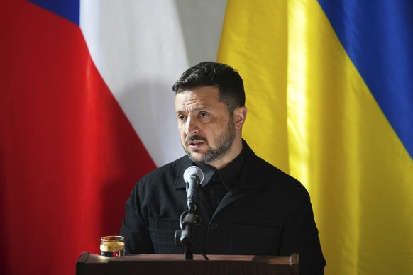 Ukraine&#039;s President Volodymyr Zelenskyy addresses the media during a press conference at the Prague Castle, Czech Republic, Sunday, May 4, 2025. (AP Photo/Petr David Josek)
Czech Republic Ukraine