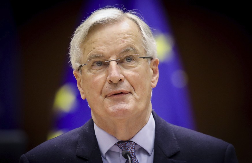 Head of the Task Force for Relations with the UK Michel Barnier speaks during a debate on the EU-UK trade and cooperation agreement during the second day of a plenary session at the European Parliamen ...