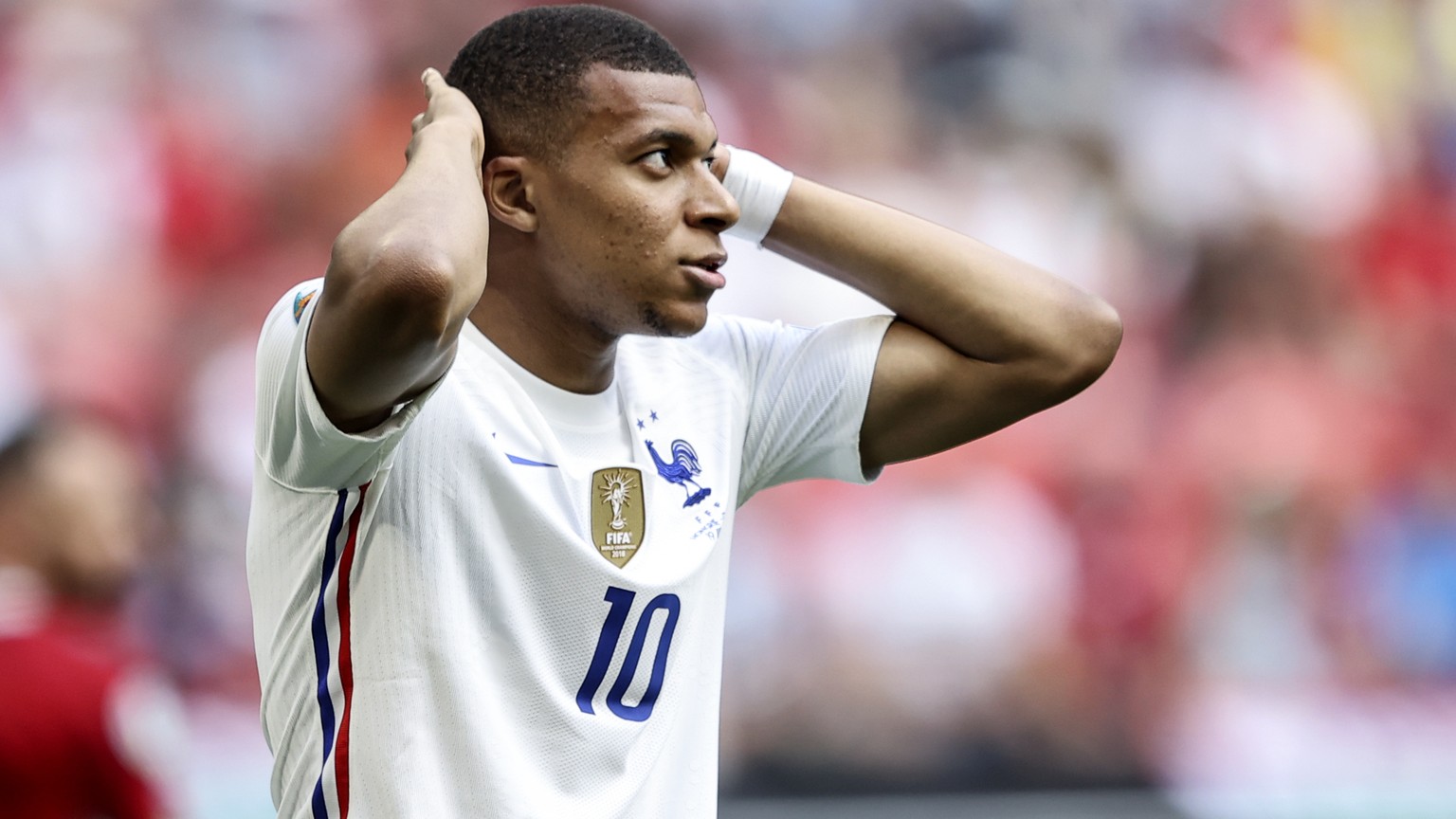 France's Kylian Mbappe reacts during the Euro 2020 soccer championship group F match between Hungary and France, at the Ferenc Puskas stadium, in Budapest, Saturday, June 19, 2021. (Alex Pantling, Poo ...