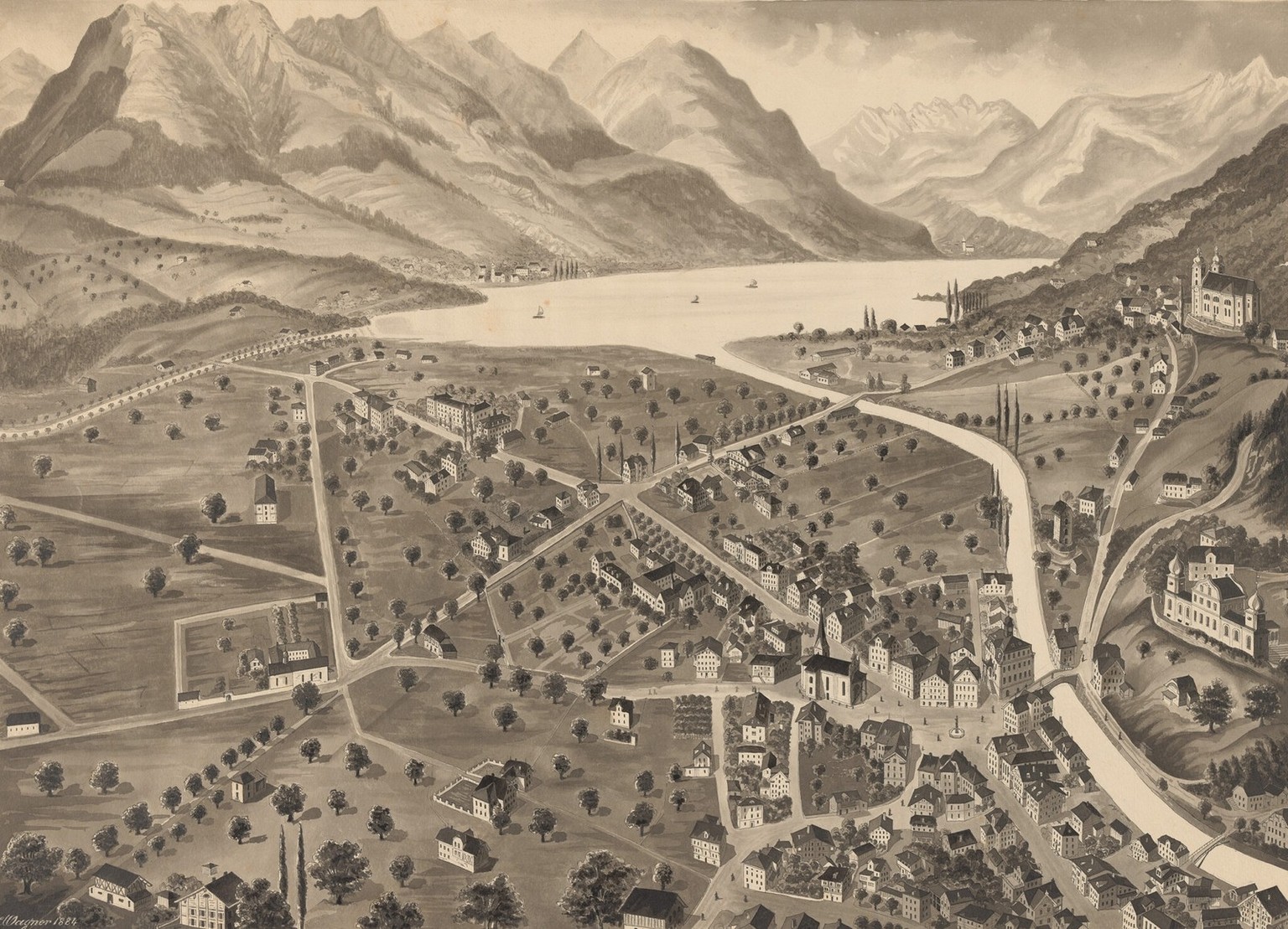 Sarnen aus der Vogelschau, 1884, lavierte Pinsel- und Federzeichnung. Im oberen Teil der Sarnersee mit Sachseln links und Giswil hinten rechts. Noch fehlt die Brünigbahn, die fünf Jahre später von Luz ...