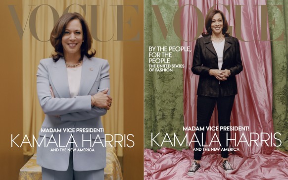 This combination of photos released by Vogue shows images of Vice President-elect Kamala Harris on the cover of their February digital and print issues. Vogue's February 2021 issue is available on new ...