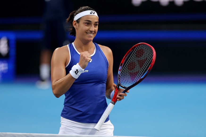 epa10382503 Caroline Garcia of France celebrates after winning the 2023 United Cup tennis match between France and Argentina at RAC Arena in Perth, Australia, 30 December 2022. EPA/RICHARD WAINWRIGHT  ...