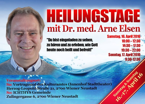 Flyer für eine Heilsveranstaltung mit Arne Elsen in Wien