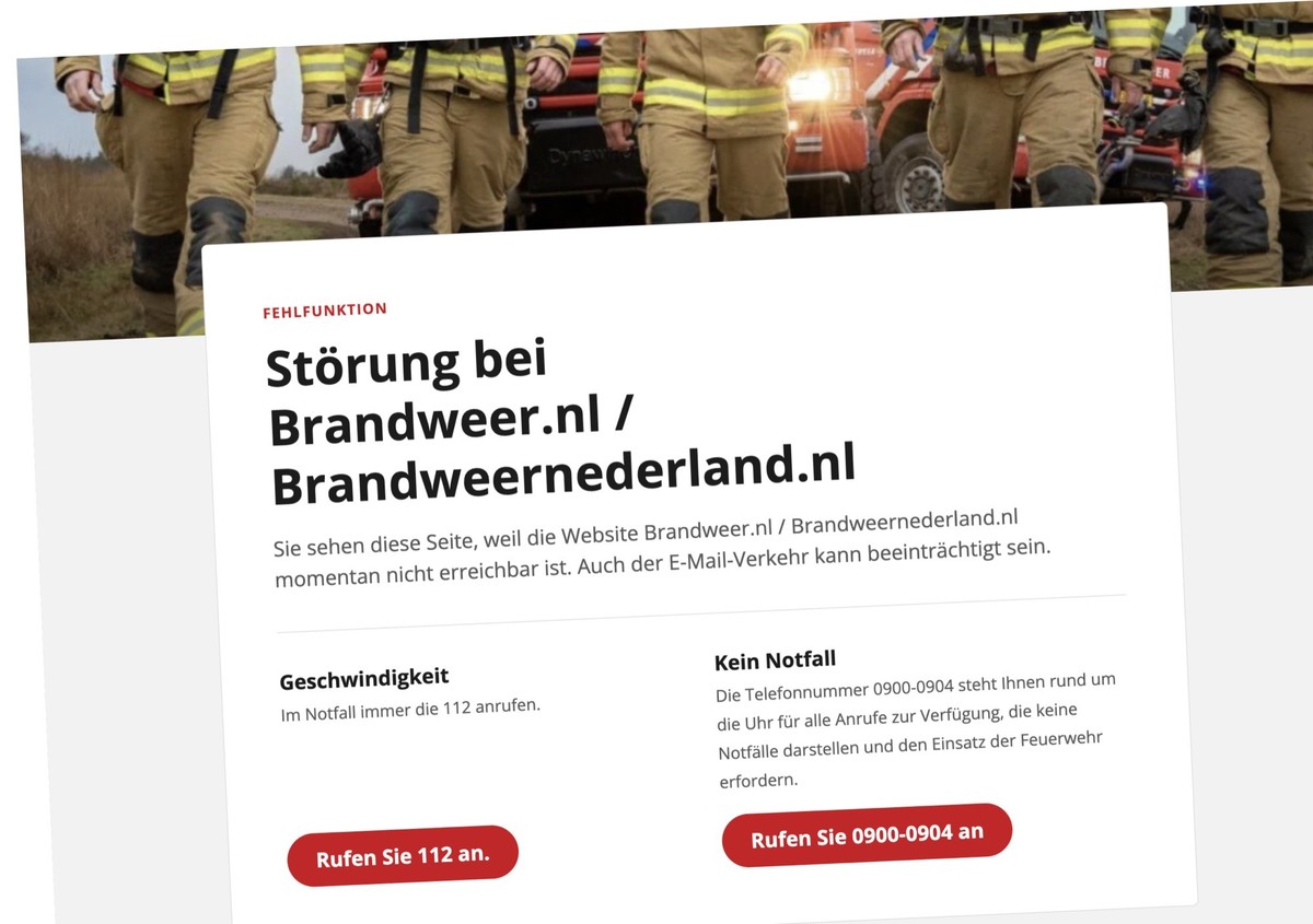 Störungsmeldung auf der Website der niederländischen Feuerwehr, wegen einer gravierenden PHP-Sicherheitslücke, die Website-Betreiber zu Notfallmassnahmen zwingt. (deutsche Übersetzung)