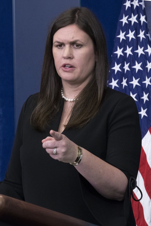 epa06079975 Principal Deputy White House Press Secretary Sarah Sanders responds to a question from the news media during a press briefing in the Brady Press Briefing Room at the White House in Washing ...