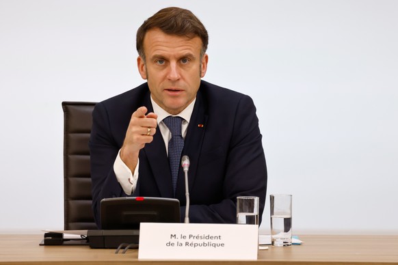 epa11893503 France&#039;s President Emmanuel Macron speaks during the International Conference on Syria at the Ministerial Conference Center, in Paris, France, 13 February 2025. EPA/LUDOVIC MARIN / PO ...