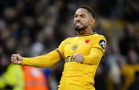 Wolverhampton Wanderers&#039; Matheus Cunha celebrates scoring his side&#039;s second goal during the British Premier League soccer match between Wolverhampton Wanderers and Southampton, at Molineux,  ...