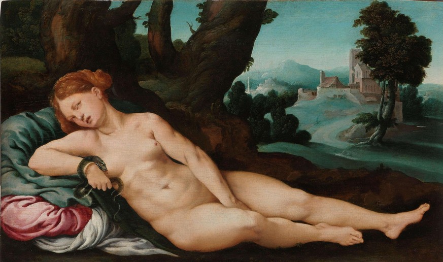 JAN VAN SCOREL (ATTRIBUTED TO). The Dying Cleopatra. Dating: c. 1520 - c. 1524. Measurements: support: h 36.3 cm × w 61.3 cm; frame: h 51.5 cm × w 75.5 cm × t 7 cm. Credit: Album