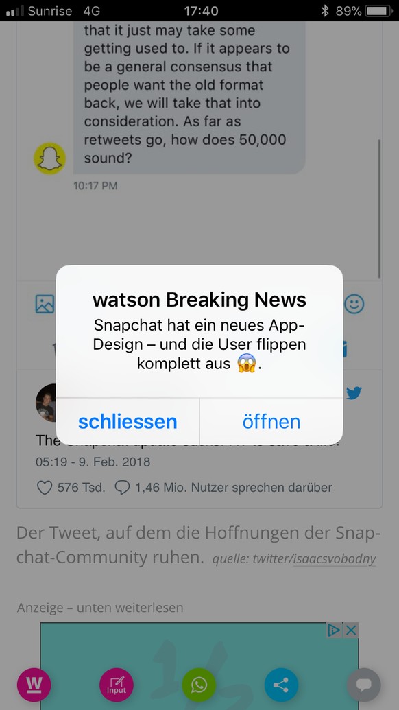Snapchat hat ein neues App-Design â und die User flippen komplett aus
Lese gerade diese Story und bekomme den Breaking News Alarm... fÃ¼r diese Story. DAS nervt!
Snapchat nutze ich nicht.