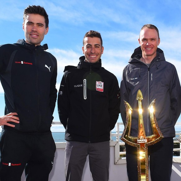 epa06585315 (L-R) Tom Dumoulin of Team Sunweb, Fabio Aru of UAE Team Emitates, Chris Froome of Team Sky, Vincenzo Nibali of Bahrain Merida Pro Cycling Team and Peter Sagan of Bora–HansgroheTeam pose w ...