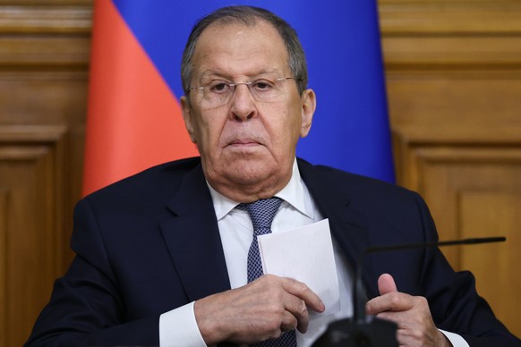 Russian Foreign Minister Sergey Lavrov attends a joint news conference with Kazakh Foreign Minister Yermek Kosherbayev following their talks at Zinaida Morozova&#039;s Mansion in Moscow, Russia, Wedne ...