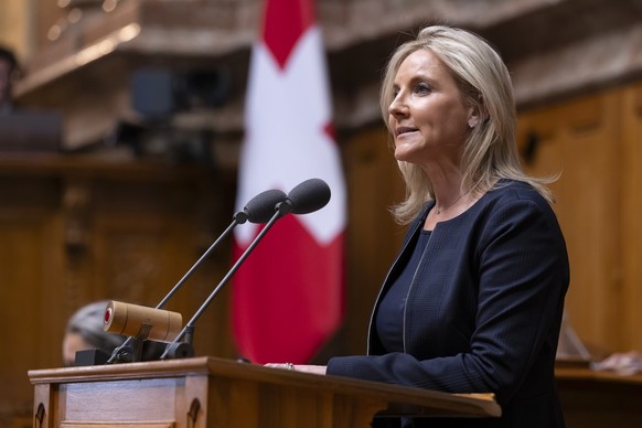 Celine Amaudruz, SVP-GE, spricht an der Ausserordentlichen Session &quot;Zuwanderung und Asyl&quot;, waehrend der Herbstsession der Eidgenoessischen Raete, am Mittwoch, 27. September 2023 im Nationalr ...